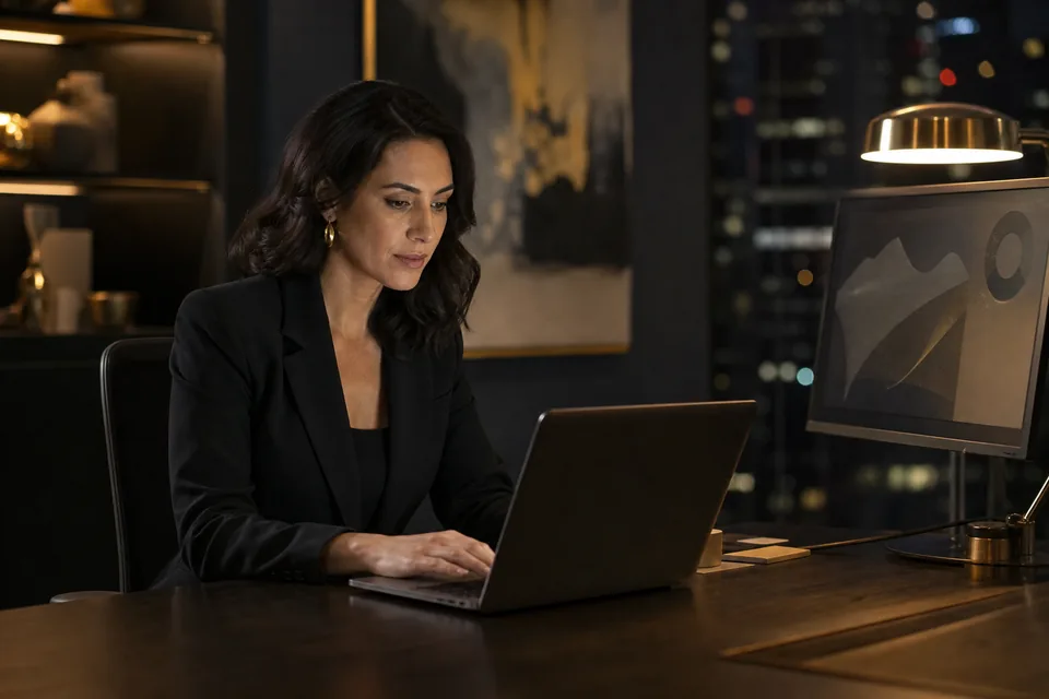 Agency manager reviewing creator earnings on a laptop in a dark office