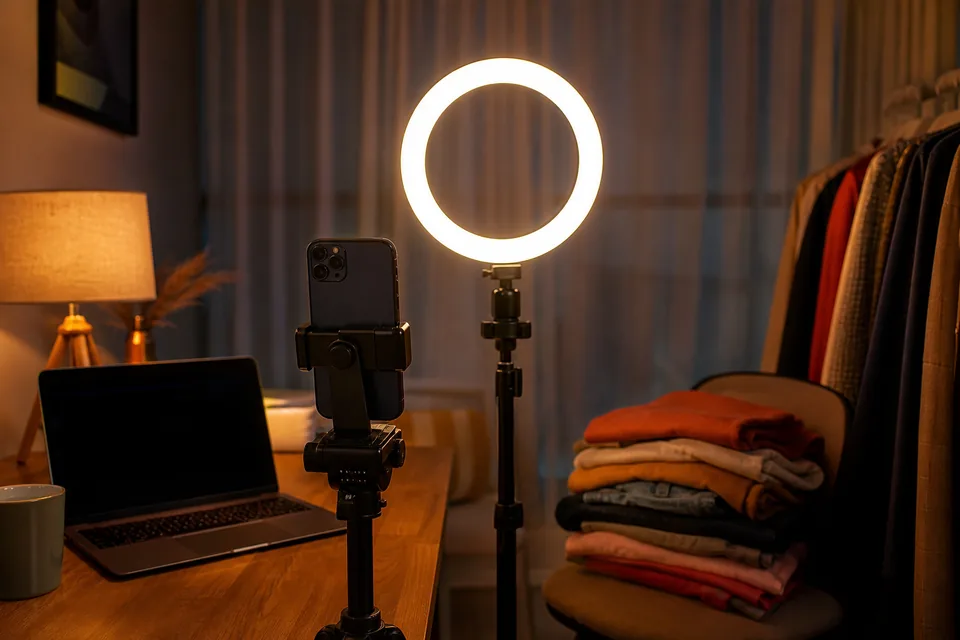 Phone on a tripod, ring light and a laptop in a home video studio