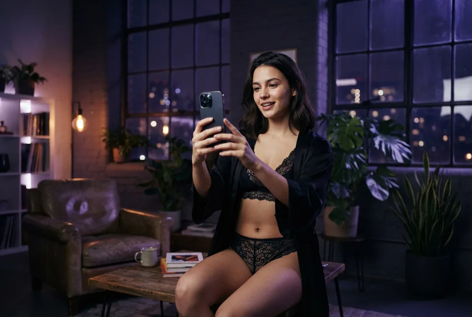 Adult creator recording a short video with her phone in a loft studio