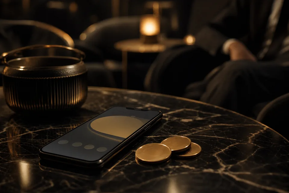 Phone with a crypto wallet app on a dark desk