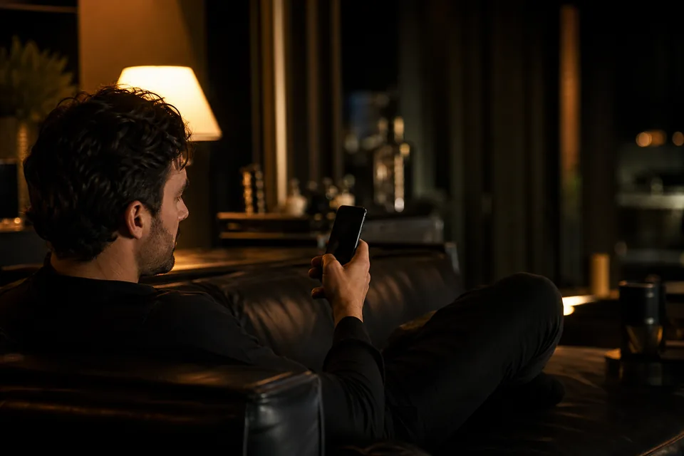 Adult man relaxing on a sofa scrolling his phone in the evening