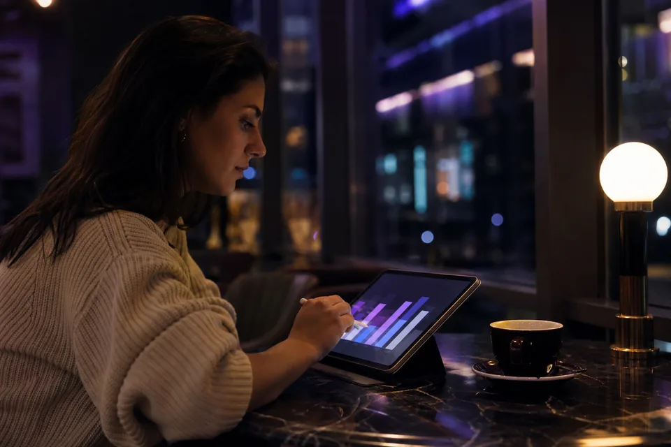 Adult creator reviewing her monthly earnings on a tablet at a cafe table