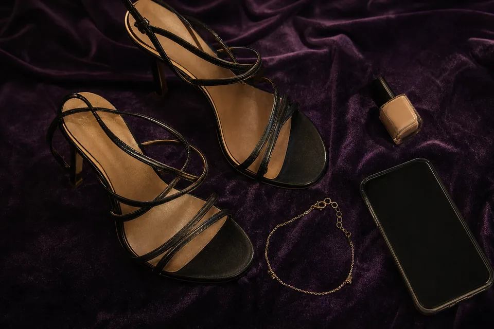Strappy heels, a gold anklet and a phone laid out on dark velvet