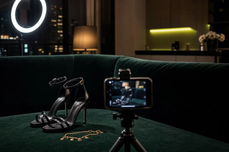 Strappy heels and a phone on a tripod set up on a velvet sofa for a photo shoot