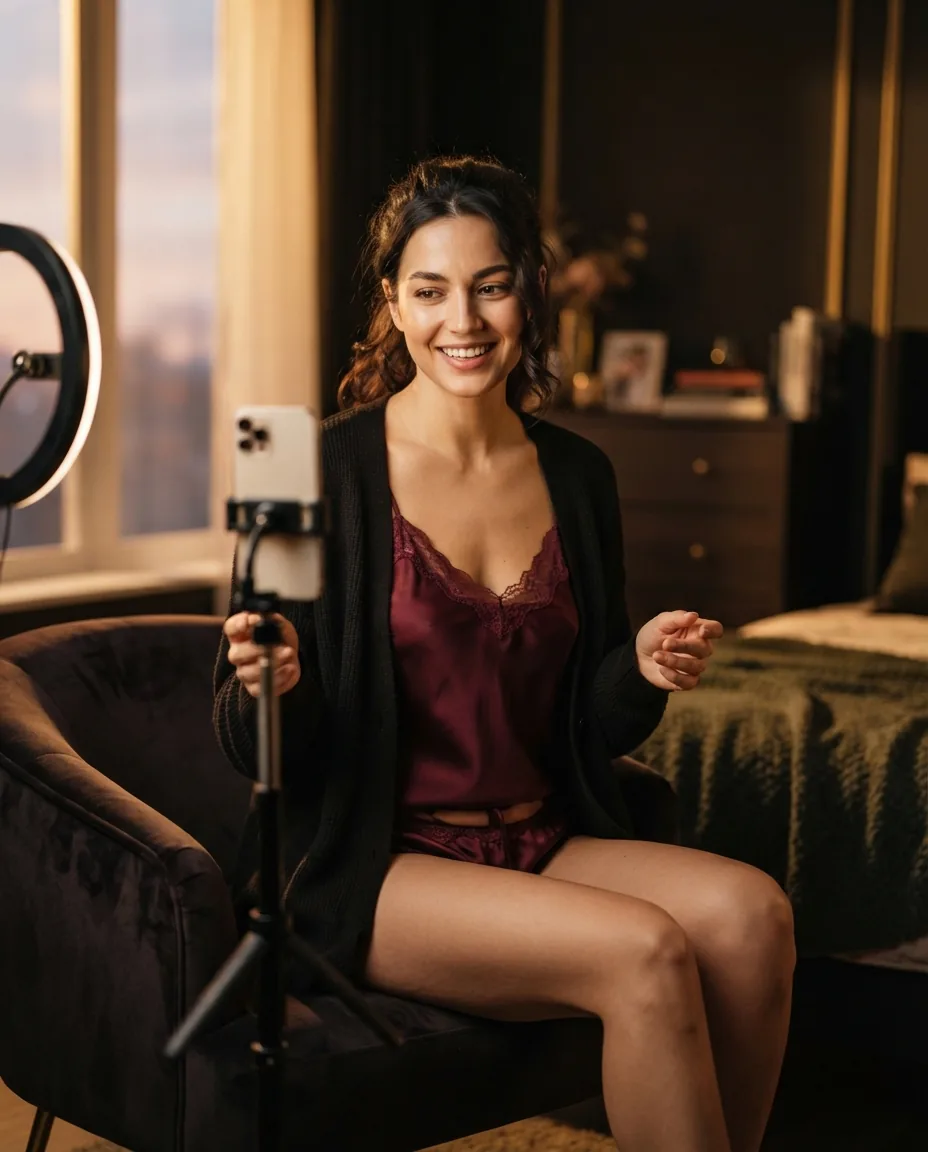Adult creator filming content with a phone on a tripod next to a ring light