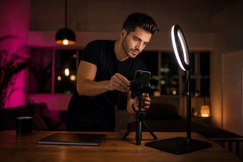 Creator setting up a phone and ring light in a home studio at night