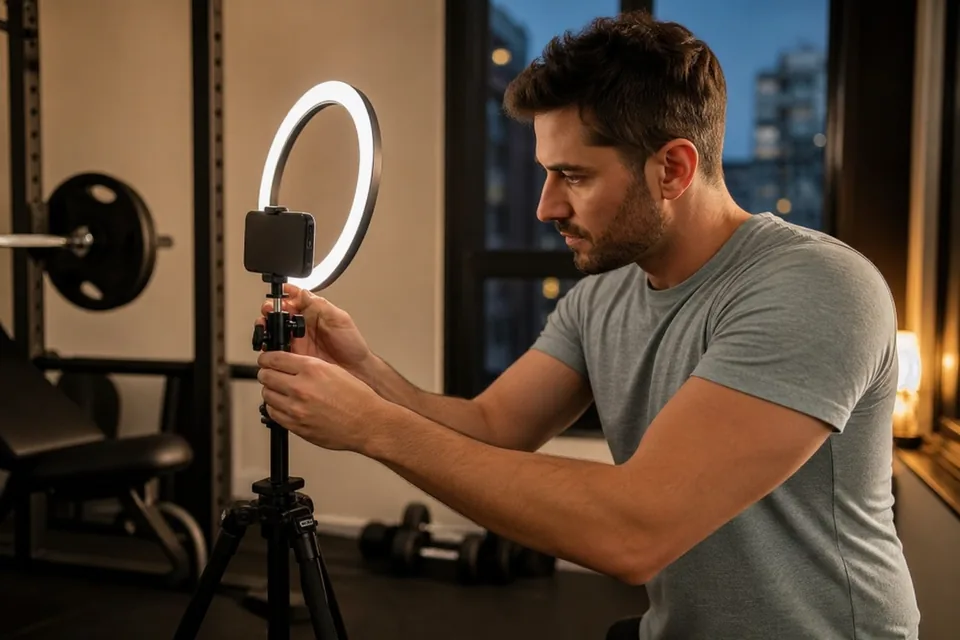 Adult male creator setting up a phone on a tripod in a home gym