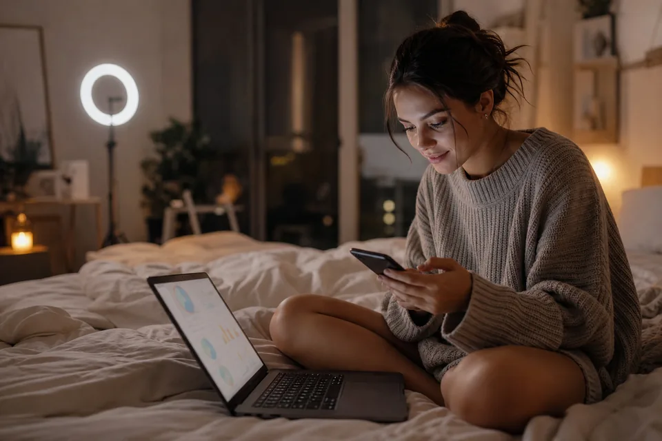Adult creator comparing her earnings on a laptop and phone in a dim apartment
