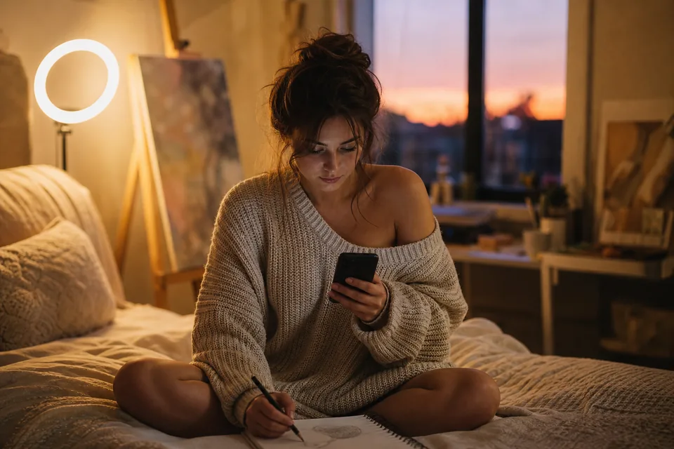 Adult creator planning her next post on a bed with a sketchbook and phone