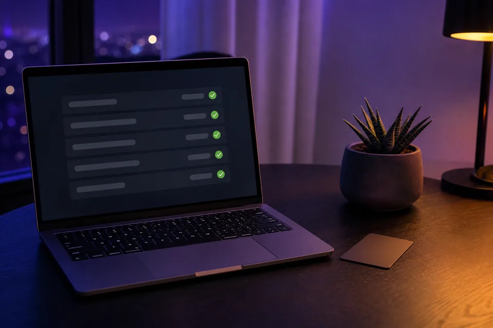 Laptop with a payout history next to a bank card on a dark desk