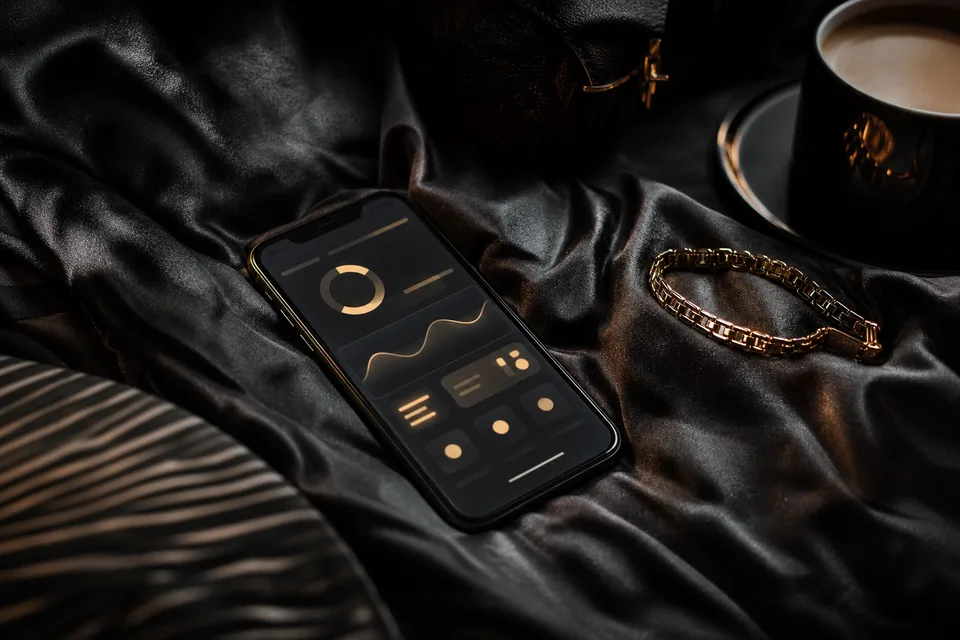 Phone on black satin showing a banking app notification