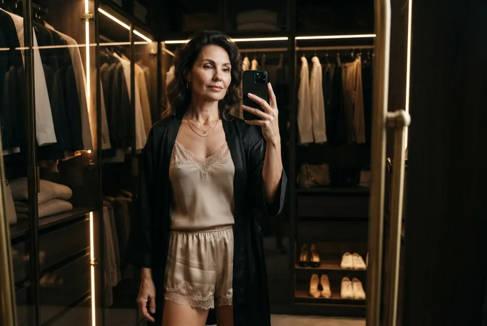 Adult creator taking a mirror selfie in a walk-in wardrobe