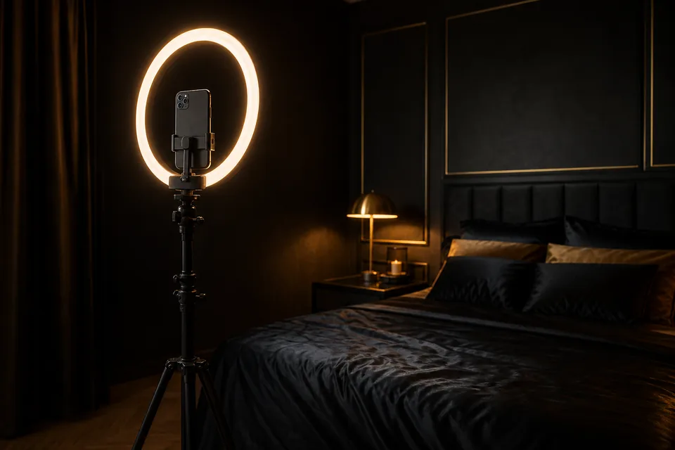 Phone on a tripod and a ring light in a dark bedroom set up for filming