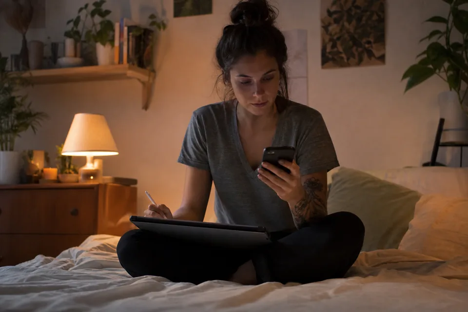 Adult creator working with a drawing tablet and phone on her bed at night