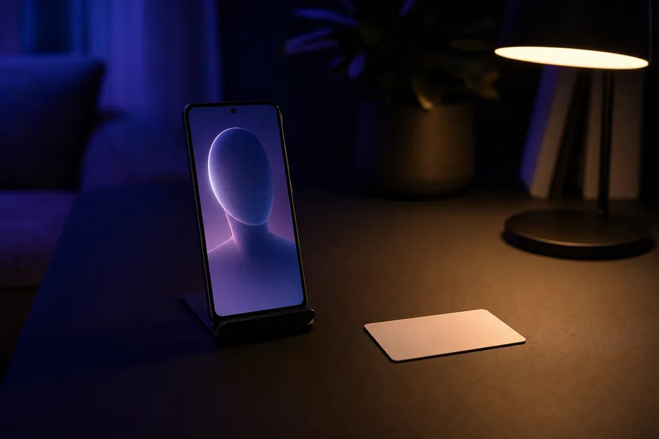 Phone showing a selfie check frame next to an identity card on a desk